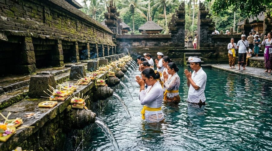 Holy spring water purification at Tirta Empul, Bali