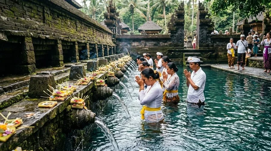 Holy spring water purification at Tirta Empul, Bali