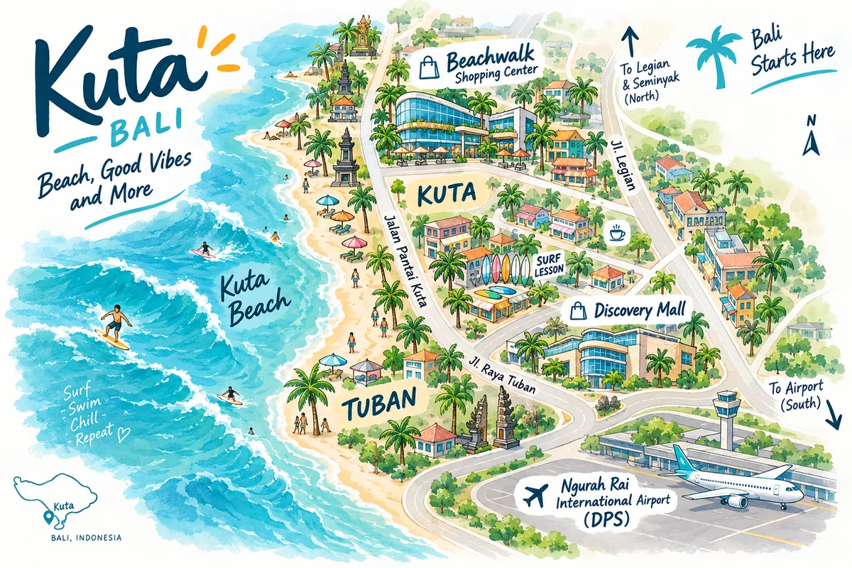 庫塔插畫地圖：沿岸的庫塔海灘與 Jalan Pantai Kuta、Beachwalk 購物中心、Discovery 購物中心、Tuban，以及南邊的伍拉賴國際機場