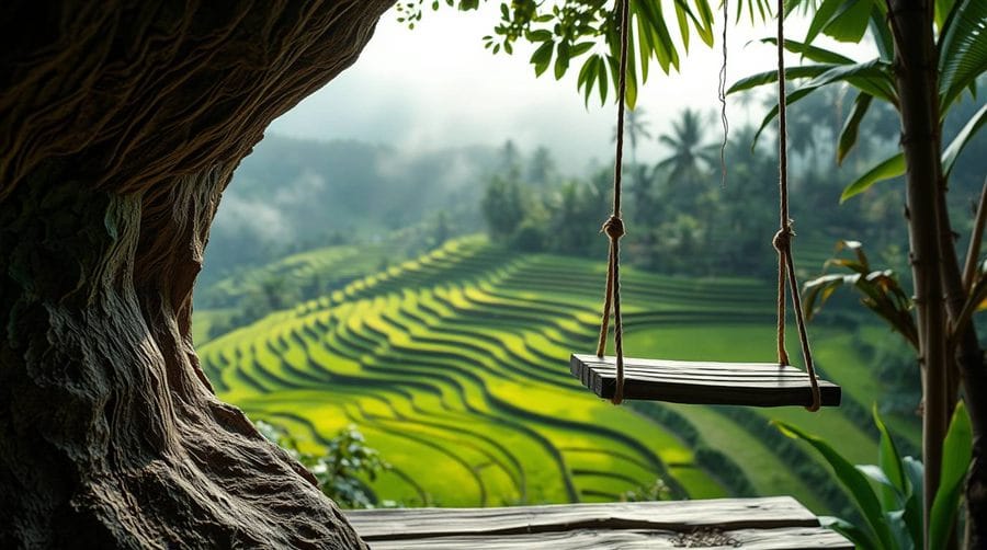 Rope swing over Ubud rice terraces, Bali