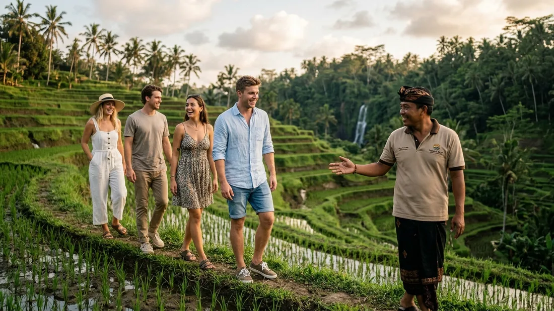 A group of young travellers exploring Bali's rice terraces with a local guide