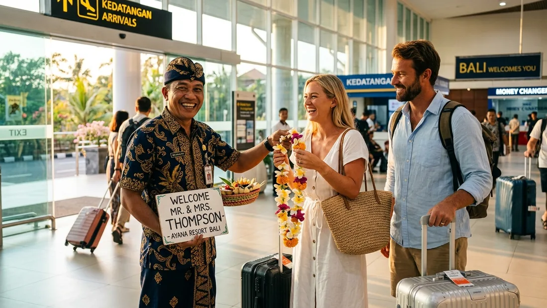 A driver greeting arriving travellers with a name sign in the arrivals area at Bali airport