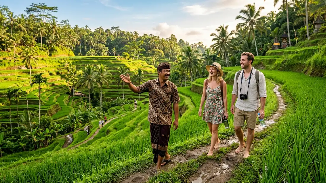 Travellers walking the Tegallalang rice terraces on a private driver day trip near Ubud, Bali