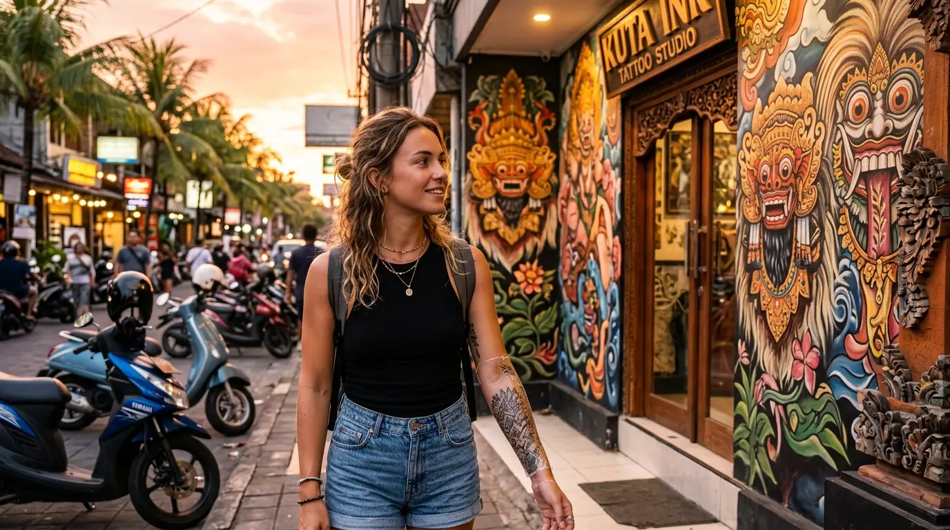 A traveller exploring a Kuta street at sunset past scooters and a Balinese tattoo studio, Bali