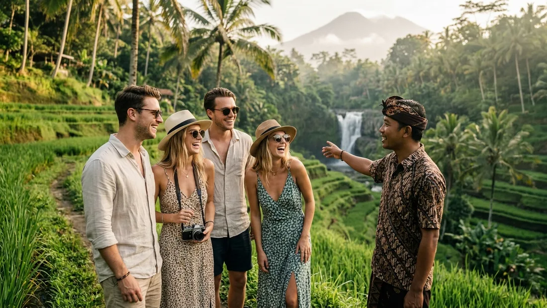 Travellers enjoying a private driver day trip through the Bali countryside