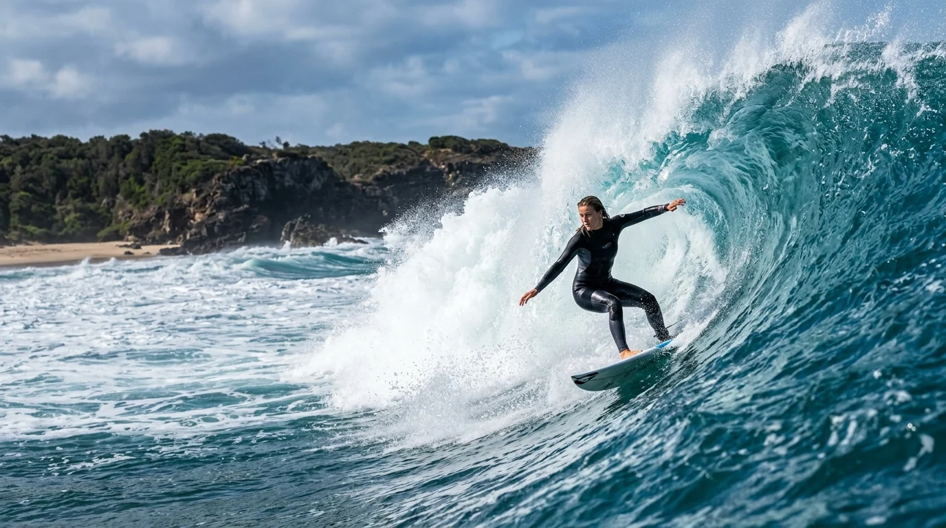 AI illustration — a surfer carving a turquoise wave in Bali