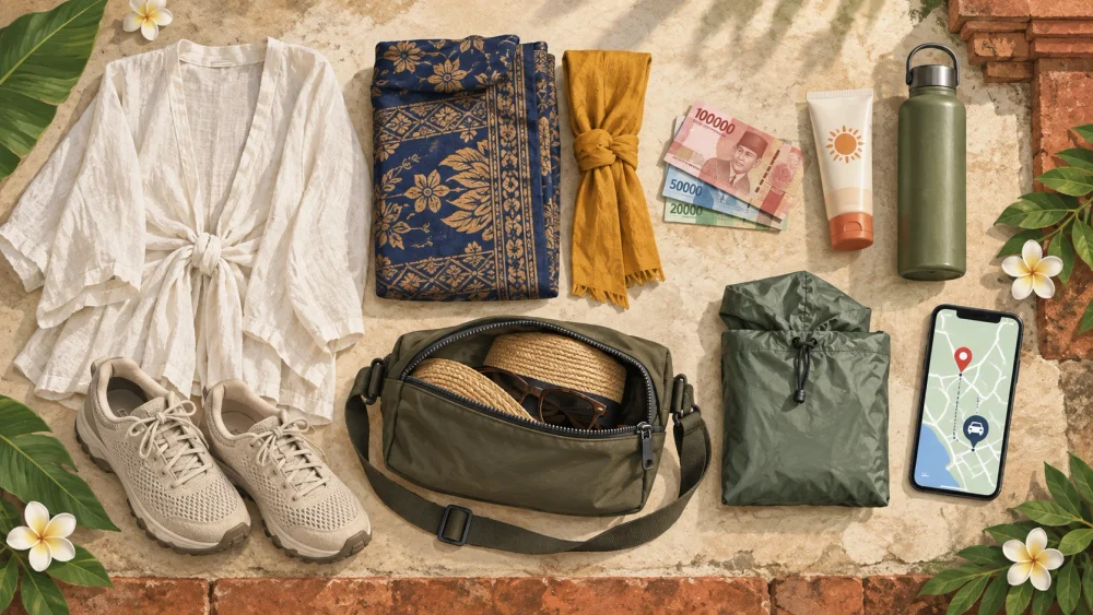 A Bali temple day kit laid out on stone: a light long-sleeve top, a batik sarong, a yellow sash, local cash, sunscreen, a water bottle, a zipped shoulder bag with a hat and sunglasses inside, a packable rain layer, walking shoes and a phone showing the driver's map pin