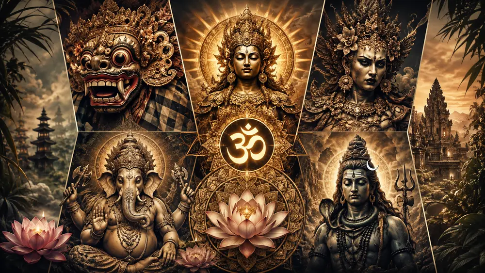 Illustration of common Balinese-Hindu tattoo symbols: Barong, Acintya, Rangda, the Om symbol, lotus and mandala, Ganesha and Shiva