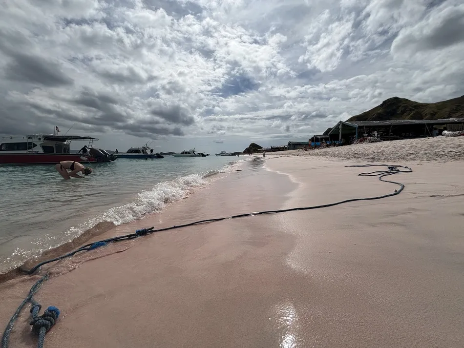 Pink Beach in Komodo National Park, with the pink-tinted sand meeting turquoise water and boats anchored offshore