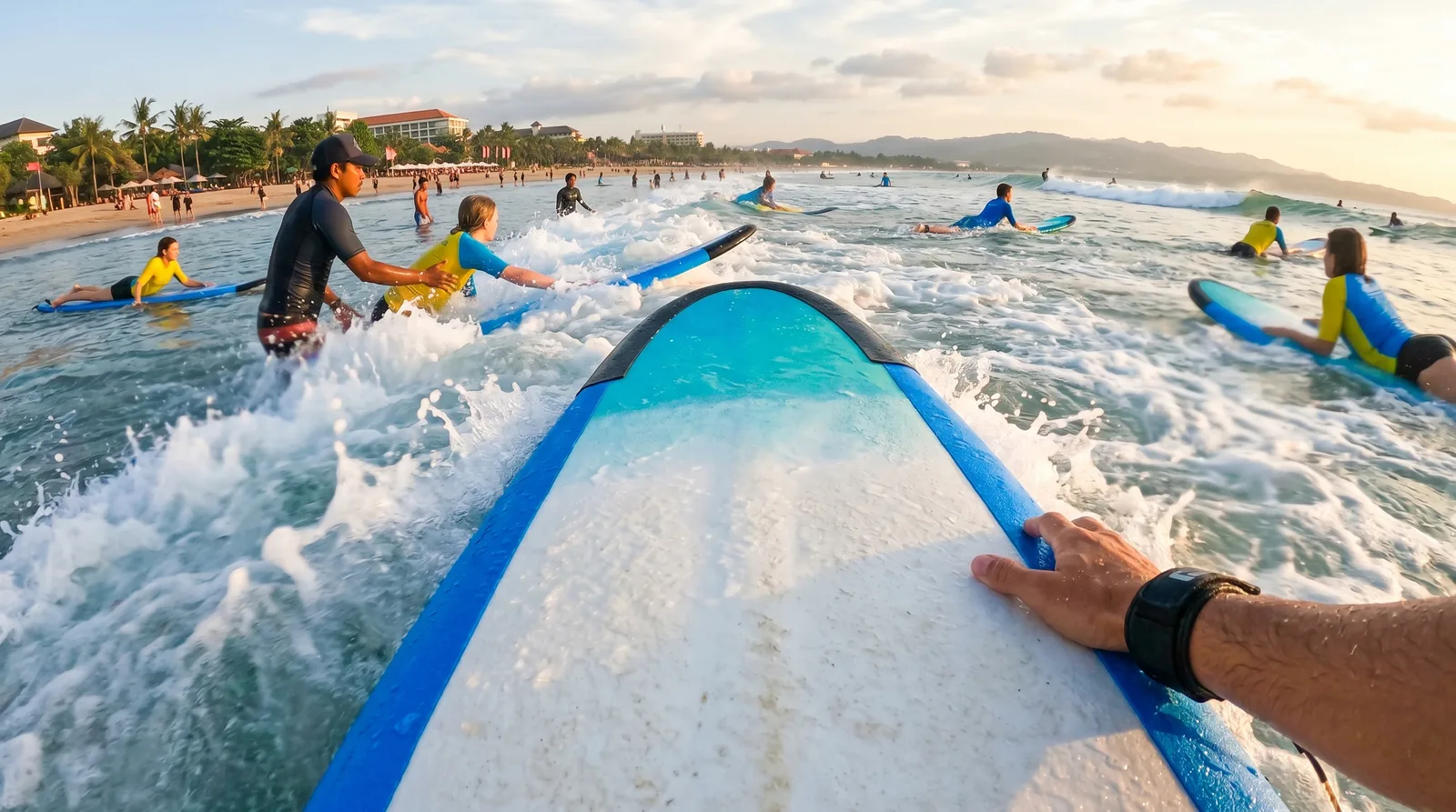 Beginners on soft-top boards during a Kuta Beach surf lesson at golden hour, Bali