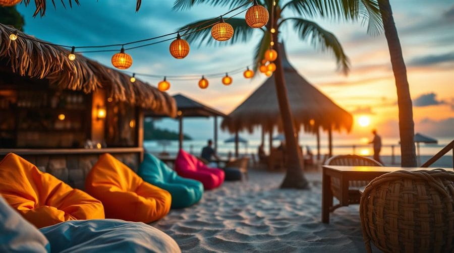 Beachfront cafe and bar at sunset in Kuta, Bali