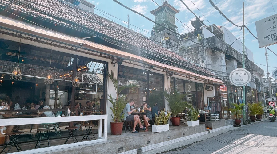 Crumb and Coaster cafe storefront on Jalan Benesari, Kuta, Bali