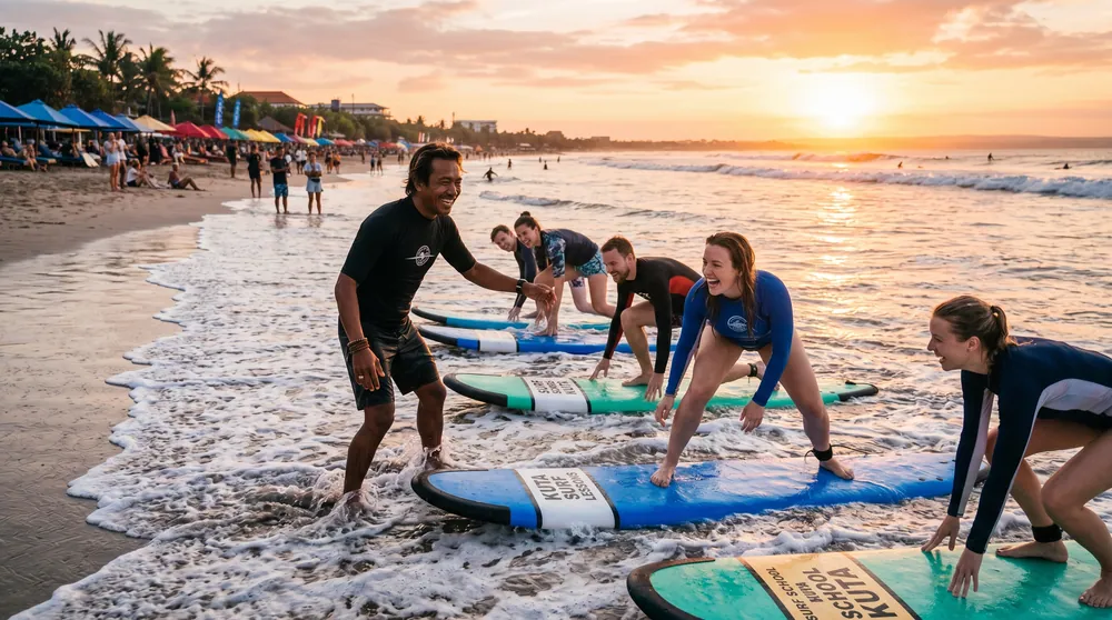 Beginner surf lesson at Kuta Beach, Bali