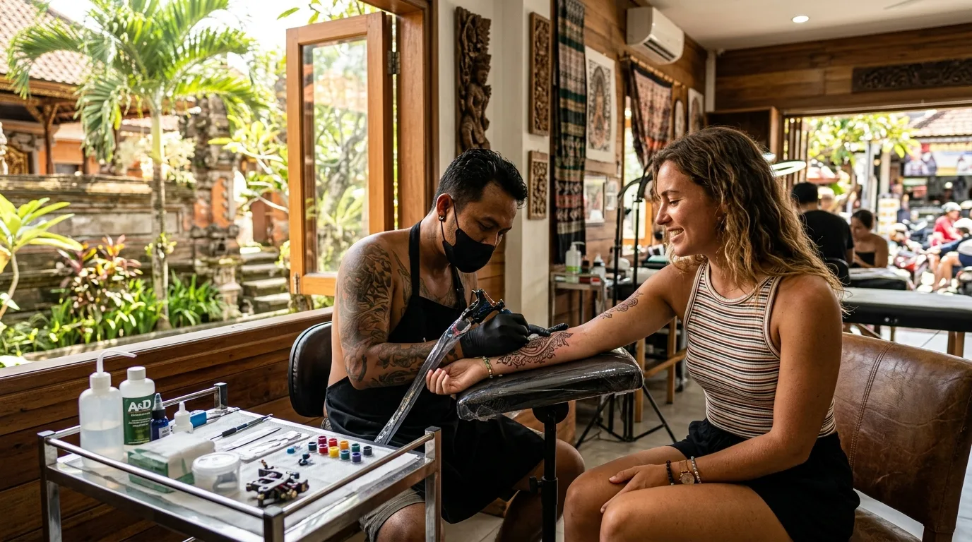 A tattoo artist at work in a Kuta studio, Bali