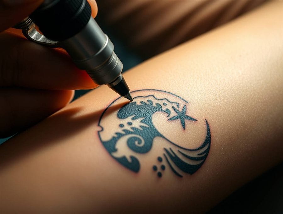 Tattoo artist inking a wave design in Kuta, Bali