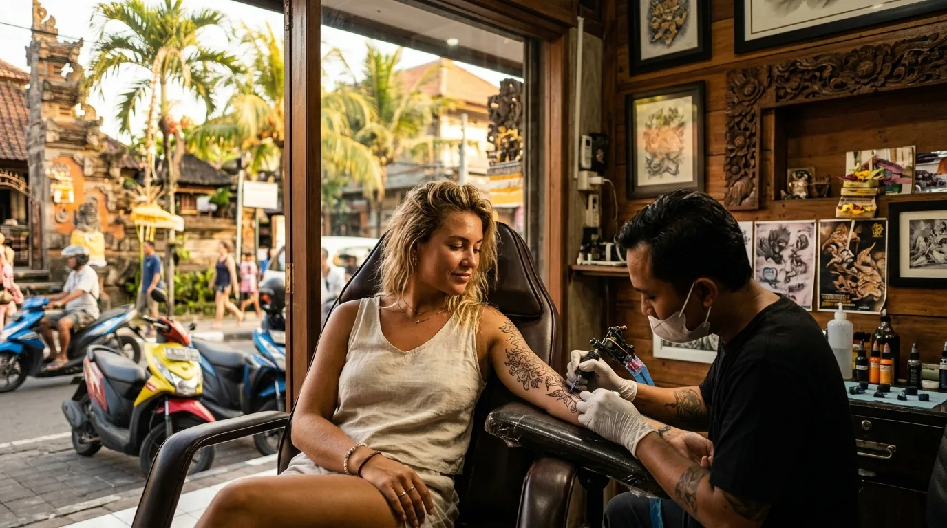 Getting a tattoo at a street-front studio in Kuta, Bali