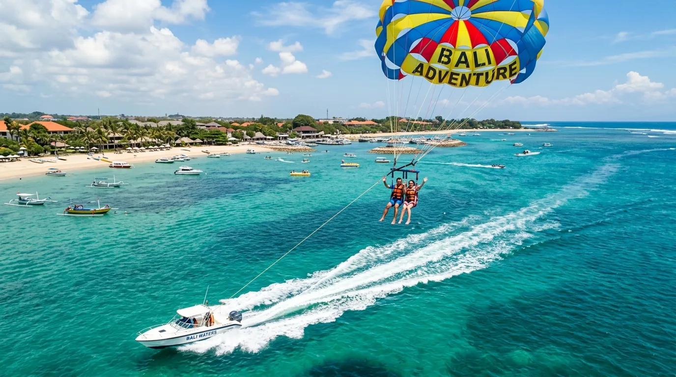 Parasailing over the turquoise water at Tanjung Benoa near Kuta, Bali