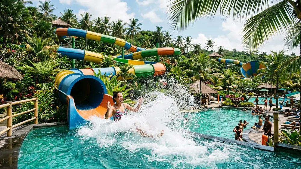 A rider splashing into the pool at the bottom of a body slide at Waterbom Bali in Kuta